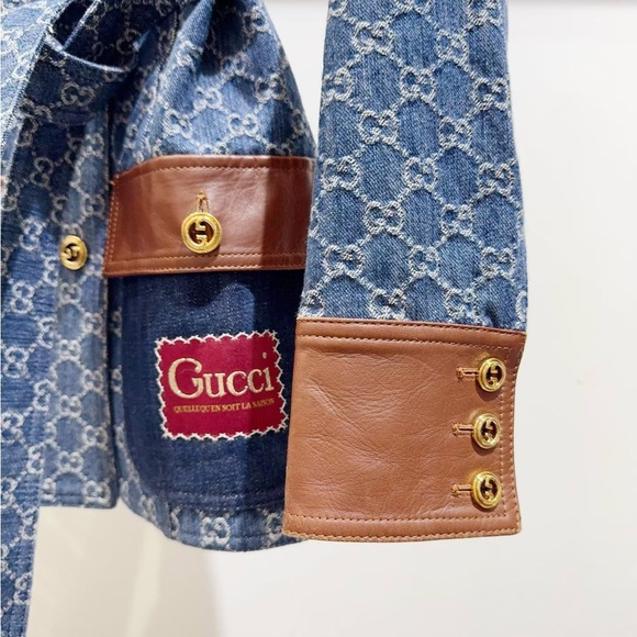 🚩steal Authentic Gucci Blue Denim Jacket with Brown Leather Details - Picture 3 of 6